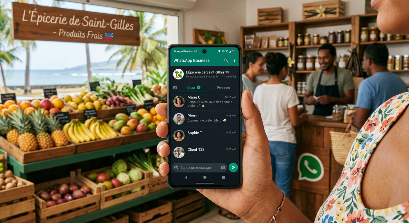 Smartphone affichant WhatsApp Business pour un commerce à La Réunion